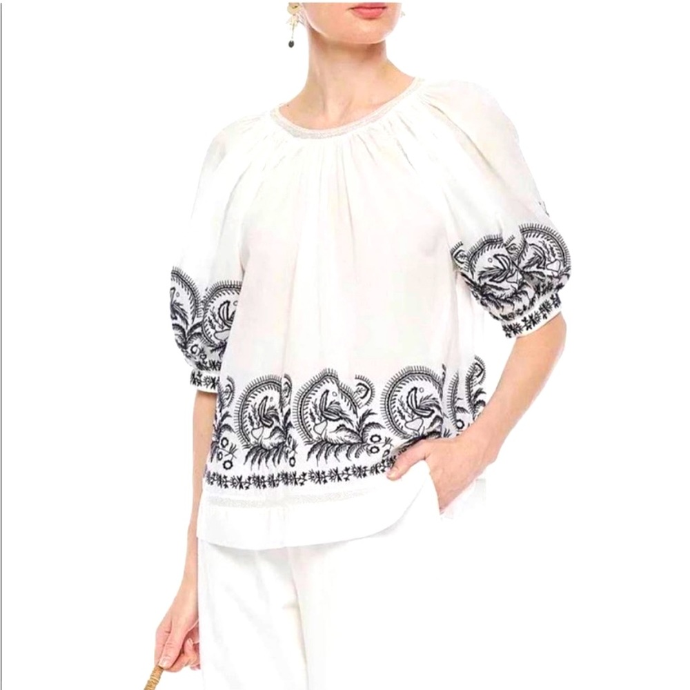 Ulla Johnson - White Navy Embroidered Puff Sleeve nearly new, worn only once!